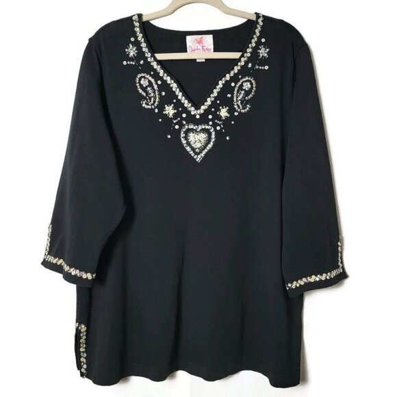 Quacker Factory Valentines Day Heart Paisley Beaded Sequined V Neck Blouse 1X - Picture 1 of 10